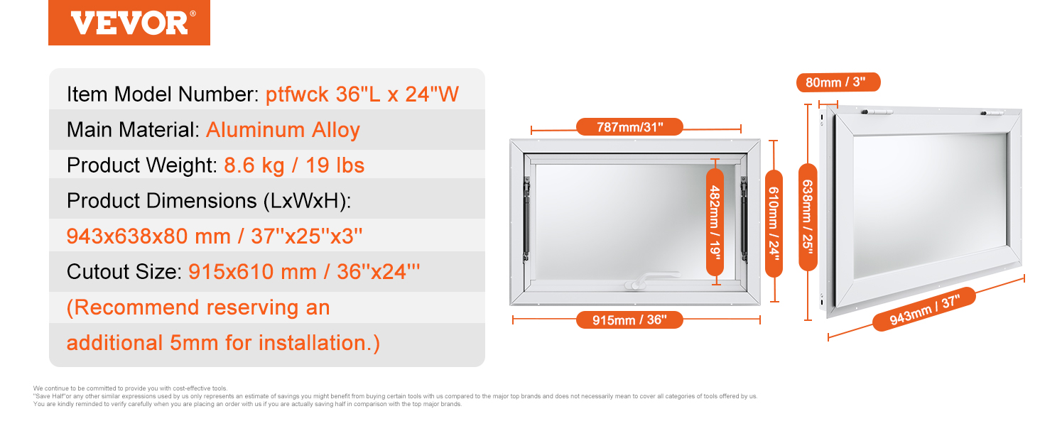 VEVOR concession window, aluminum alloy, 36"x24", 8.6 kg, dimensions 943x638x80 mm, cutout size 915x610 mm.