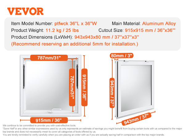 VEVOR concession window 36''x36'' aluminum alloy, 11.2 kg, dimensions 943x943x80mm, cutout 915x915mm.