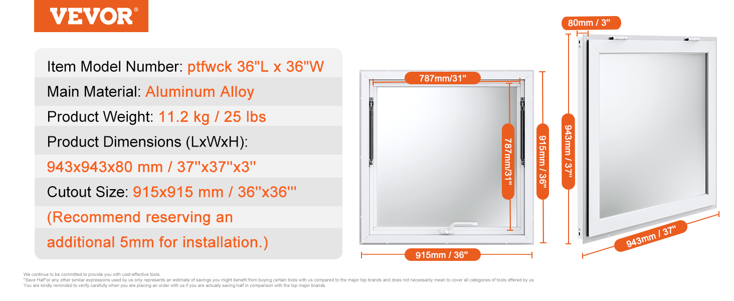 VEVOR concession window 36''x36'' aluminum alloy, 11.2 kg, dimensions 943x943x80mm, cutout 915x915mm.