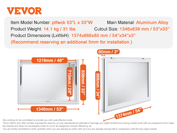 VEVOR concession window, aluminum alloy, 54"x34"x3", cutout size 53"x33", product weight 31 lbs.