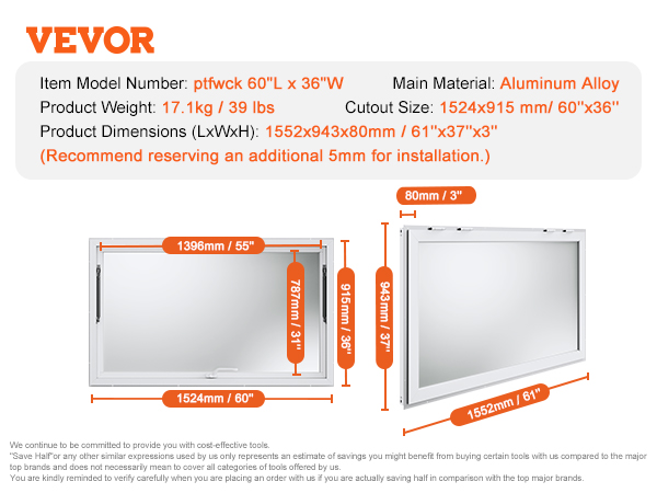 VEVOR concession window, 60"x36", aluminum alloy, dimensions: 1552x943x80mm, weight: 17.1kg/39 lbs.