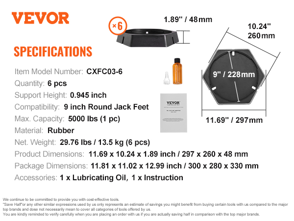 VEVOR rv leveling pads: six rubber pads, 1.89" height, 5000 lbs capacity each, includes oil and instructions.