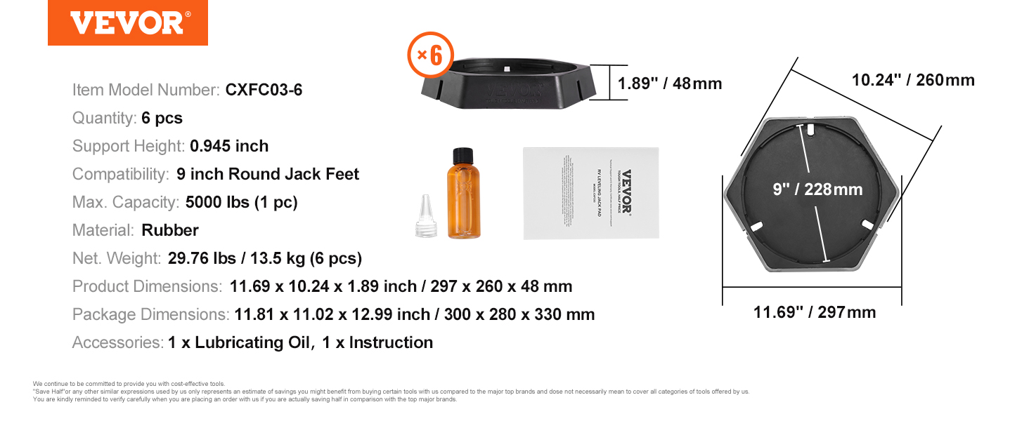 VEVOR rv leveling pads: six rubber pads, 1.89" height, 5000 lbs capacity each, includes oil and instructions.