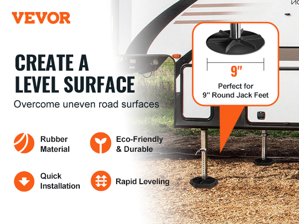 VEVOR rv leveling pads for 9" jack feet, rubber material, eco-friendly, quick installation, rapid leveling.