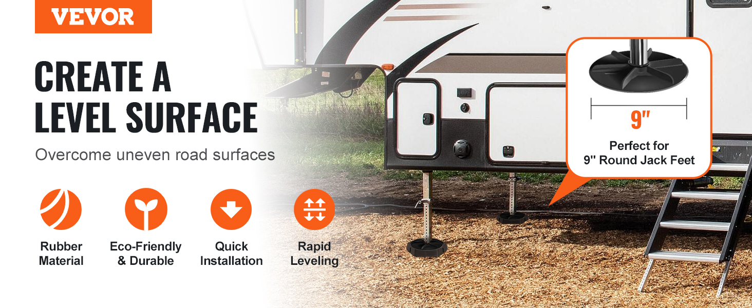 VEVOR rv leveling pads for 9" jack feet, rubber material, eco-friendly, quick installation, rapid leveling.