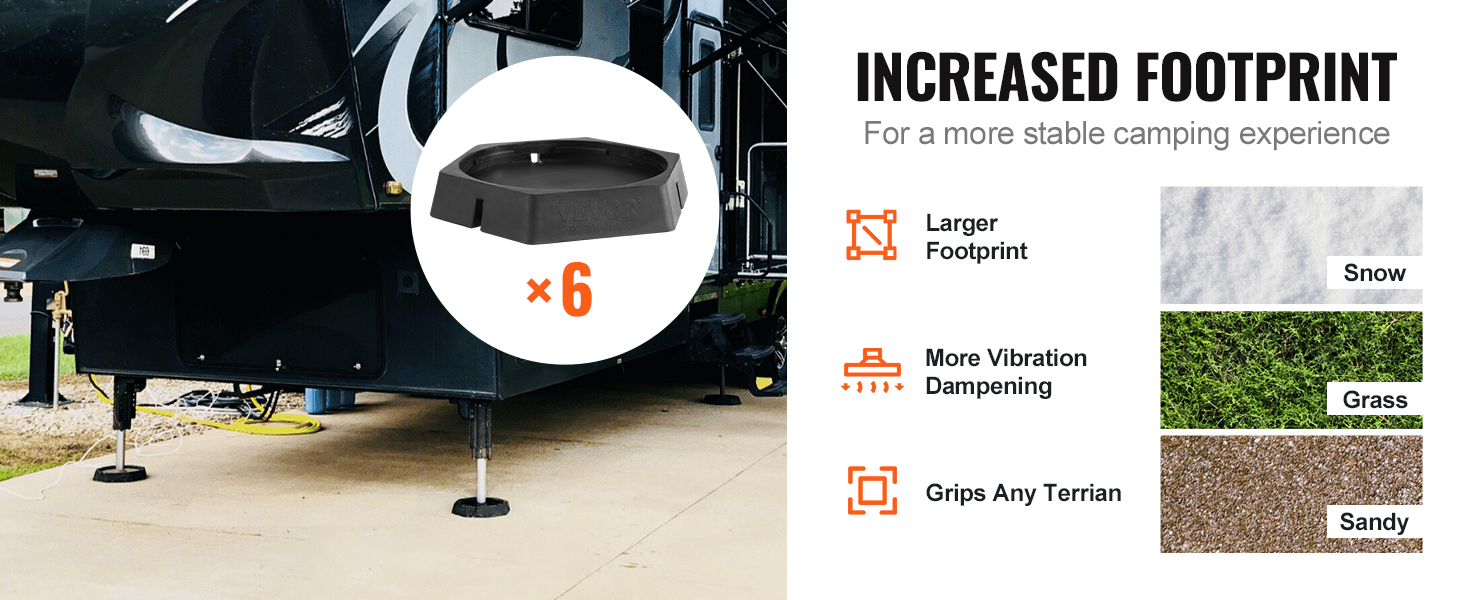 VEVOR rv leveling pads set of 6 enhances stability on snow, grass, and sandy terrains.