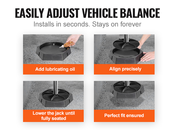 VEVOR rv leveling pads installation steps: add oil, align, lower jack, ensure perfect fit.