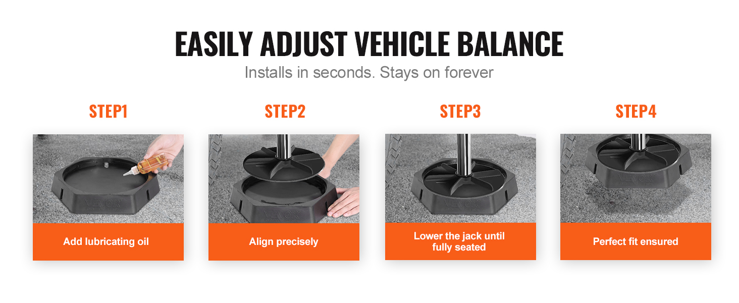 VEVOR rv leveling pads installation steps: add oil, align, lower jack, ensure perfect fit.