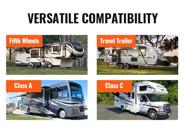 versatile compatibility of VEVOR rv leveling pads for fifth wheels, travel trailers, class a, and class c rvs.