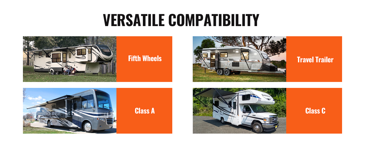 versatile compatibility of VEVOR rv leveling pads for fifth wheels, travel trailers, class a, and class c rvs.