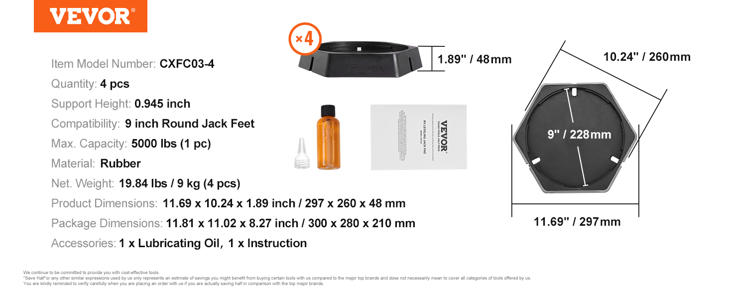 VEVOR rv leveling pads with dimensions and specifications shown, includes lubricating oil and instruction.
