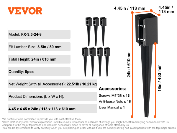 VEVOR fence post anchor fx-3.5-24-8, 24in height, fits 3.5in lumber, includes screws and nuts, 8pcs set.