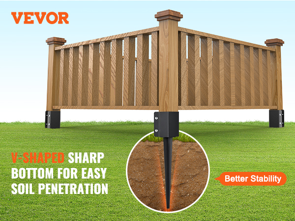 VEVOR fence post anchor with v-shaped bottom for easy soil penetration and improved stability.