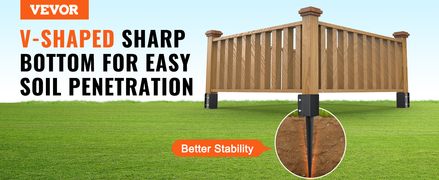 VEVOR fence post anchor with v-shaped bottom for easy soil penetration and improved stability.