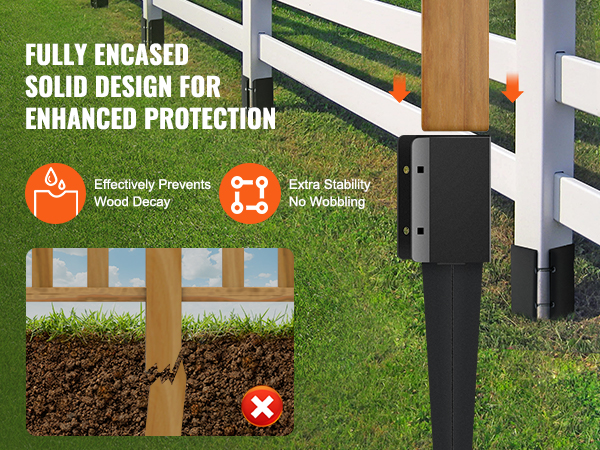 fully encased solid design VEVOR fence post anchor, prevents wood decay, provides extra stability.