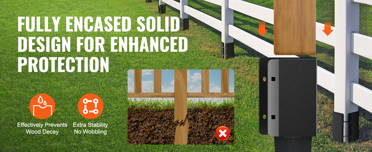 fully encased solid design VEVOR fence post anchor, prevents wood decay, provides extra stability.