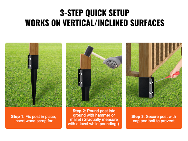 3-step setup for VEVOR fence post anchor on grass: position, pound in, secure with bolts.