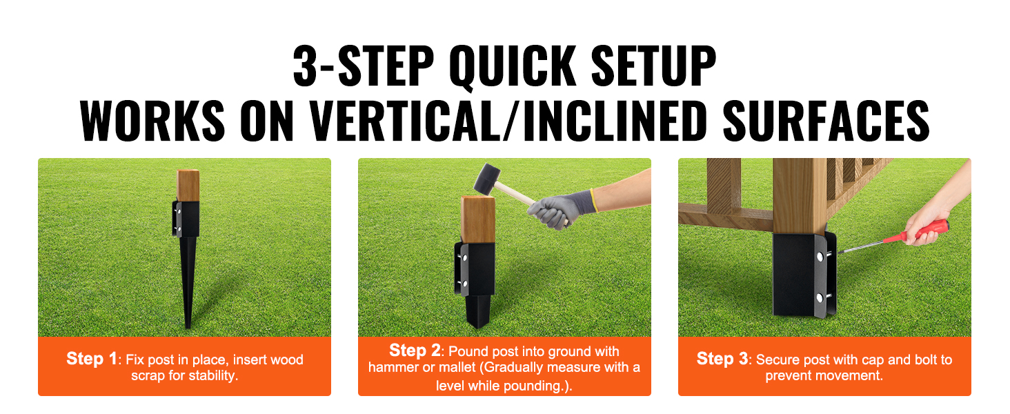 3-step setup for VEVOR fence post anchor on grass: position, pound in, secure with bolts.