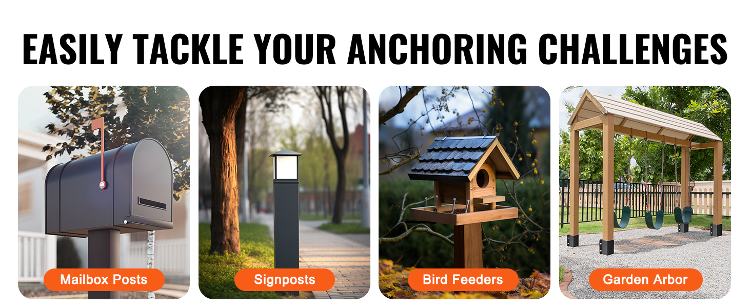 mailbox, signpost, bird feeder, and garden arbor anchored with VEVOR fence post anchor.