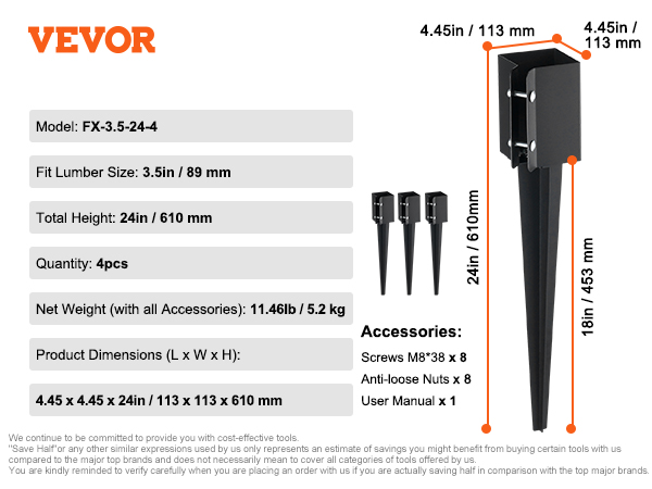 VEVOR fence post anchor model fx-3.5-24-4, fits 3.5in lumber, 24in total height, 4pcs, 11.46lb weight.