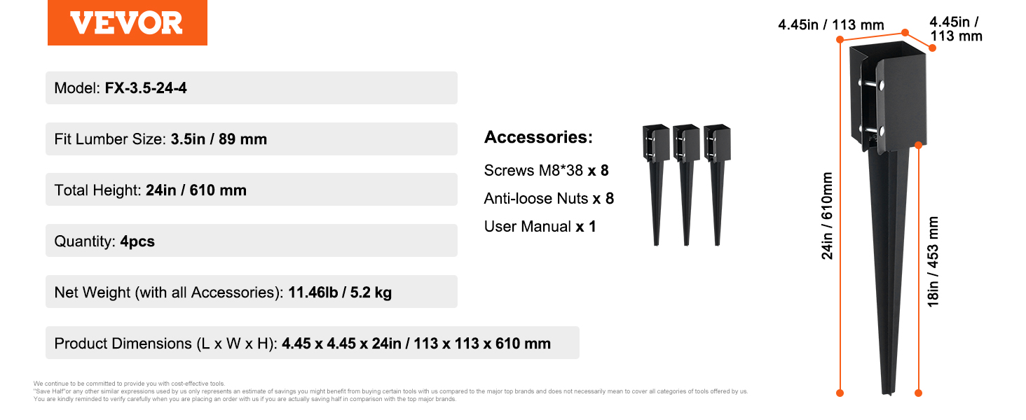 VEVOR fence post anchor model fx-3.5-24-4, fits 3.5in lumber, 24in total height, 4pcs, 11.46lb weight.