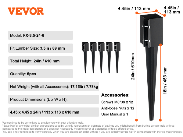 VEVOR fence post anchor dimensions and specifications: total height 24in, fit lumber size 3.5in, set of 6.