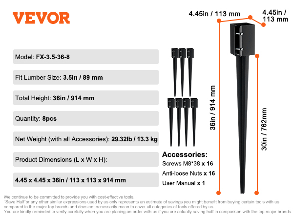 VEVOR fence post anchor, model fx-3.5-36-8, 36in height, fits 3.5in lumber, 8pcs, with screws and nuts.