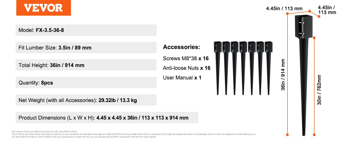 VEVOR fence post anchor, model fx-3.5-36-8, 36in height, fits 3.5in lumber, 8pcs, with screws and nuts.