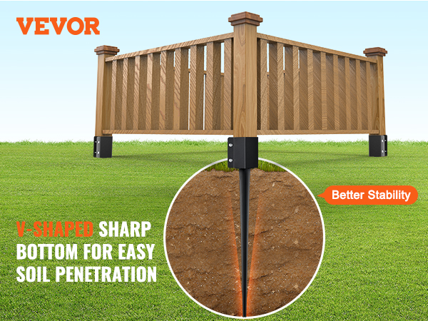 VEVOR fence post anchor showcasing v-shaped sharp bottom for easy soil penetration and better stability.