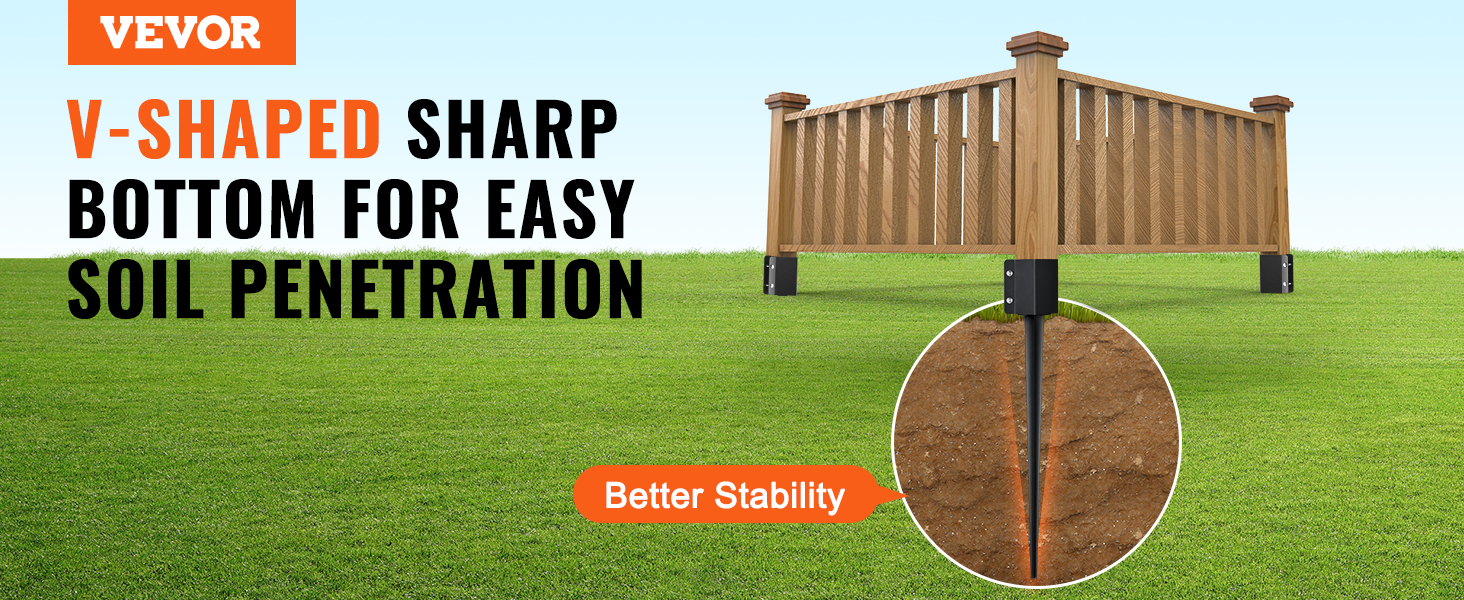 VEVOR fence post anchor showcasing v-shaped sharp bottom for easy soil penetration and better stability.