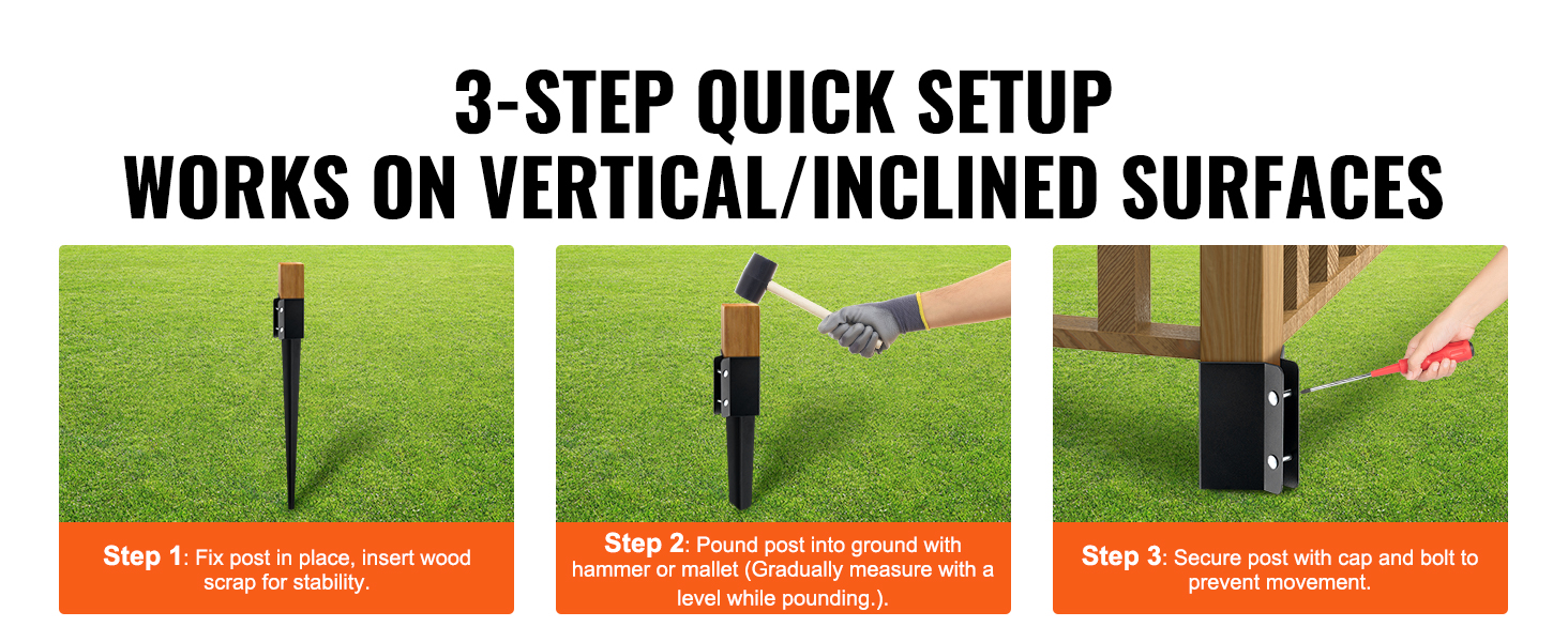 3-step setup for installing VEVOR fence post anchor on grass with hammer, wood scrap, and screwdriver.