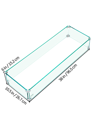 VEVOR fire pit wind guard with dimensions: 38in x 10.5in x 6in.