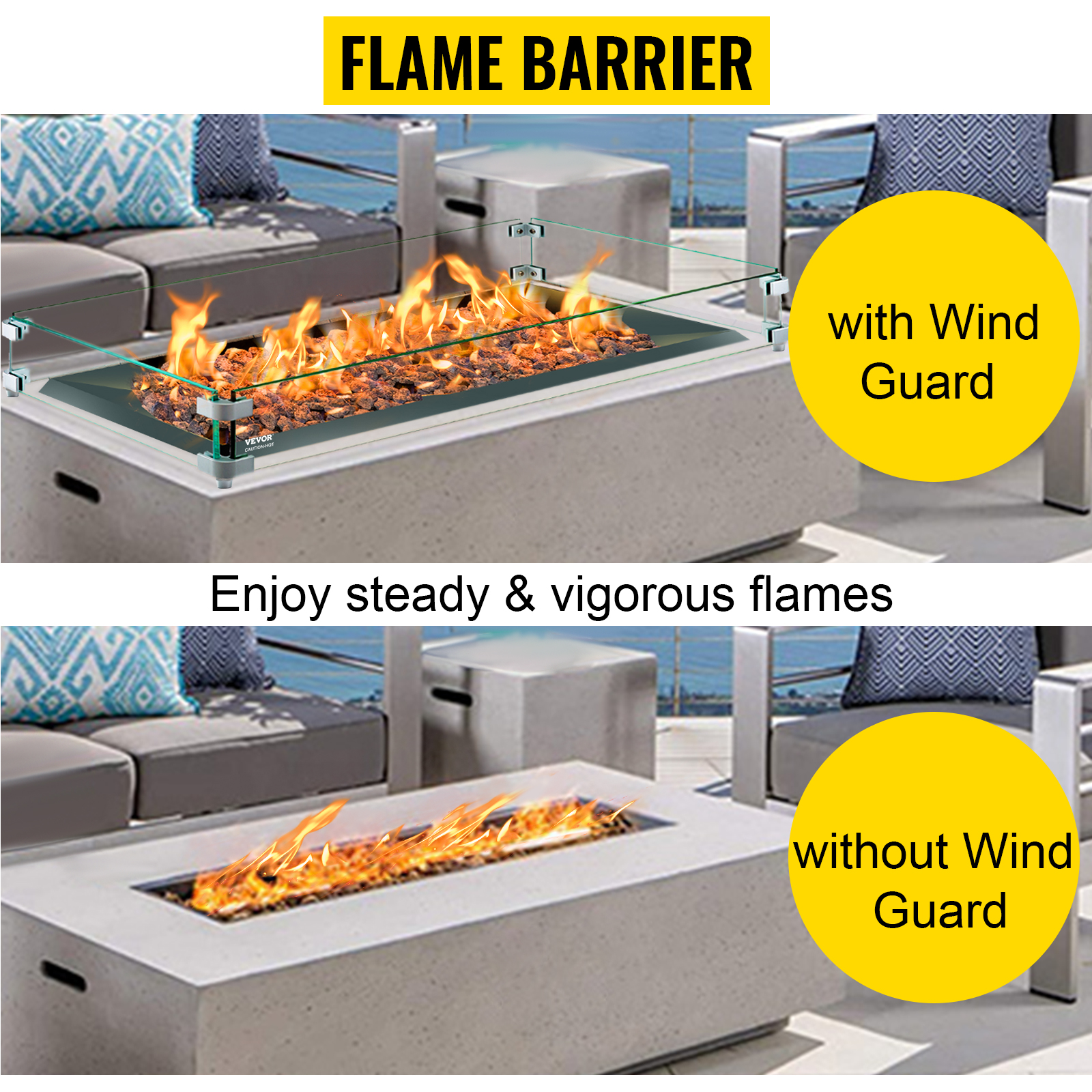 VEVOR fire pit wind guard ensures steady and vigorous flames on outdoor firepit.