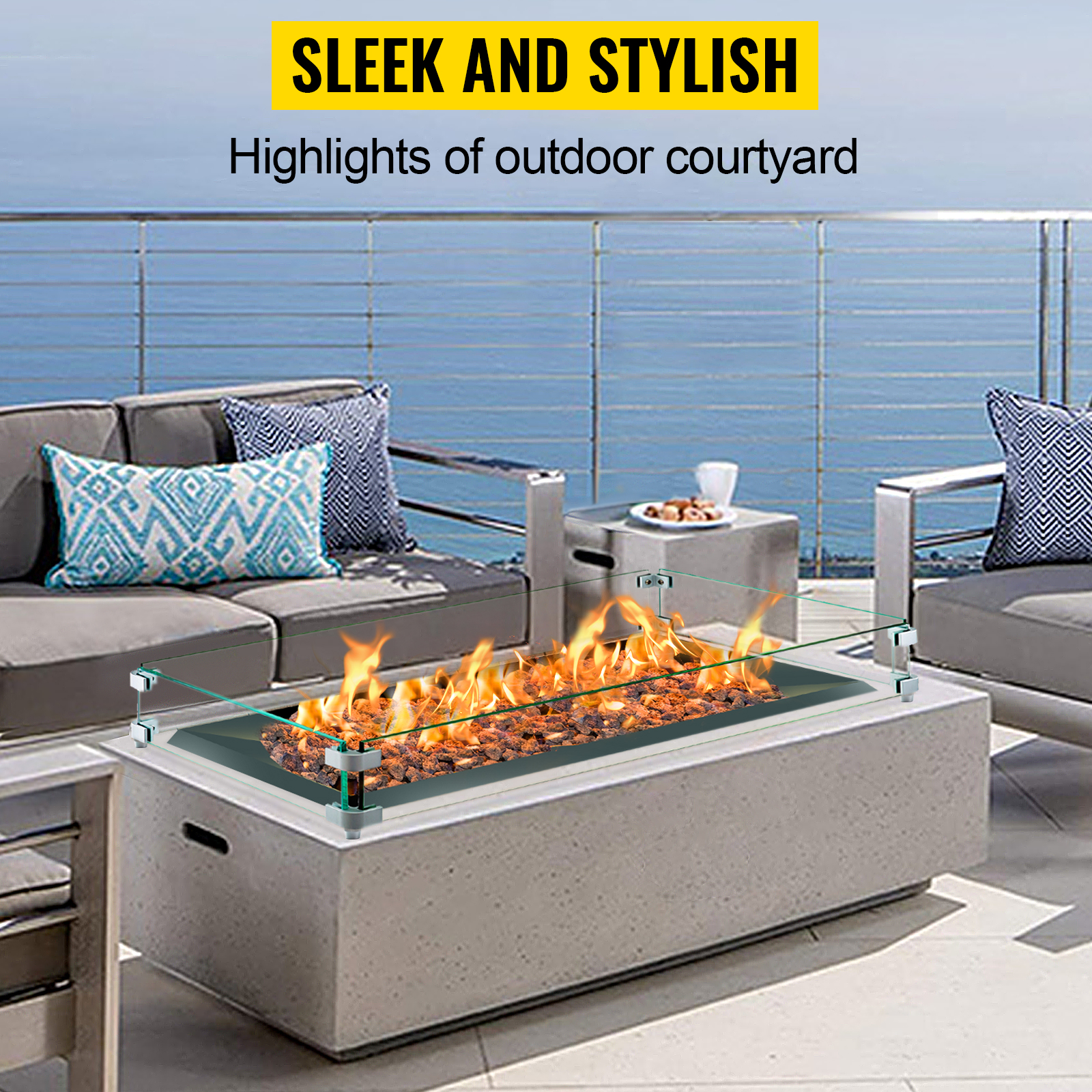 VEVOR fire pit wind guard on a stylish outdoor patio with modern furniture.