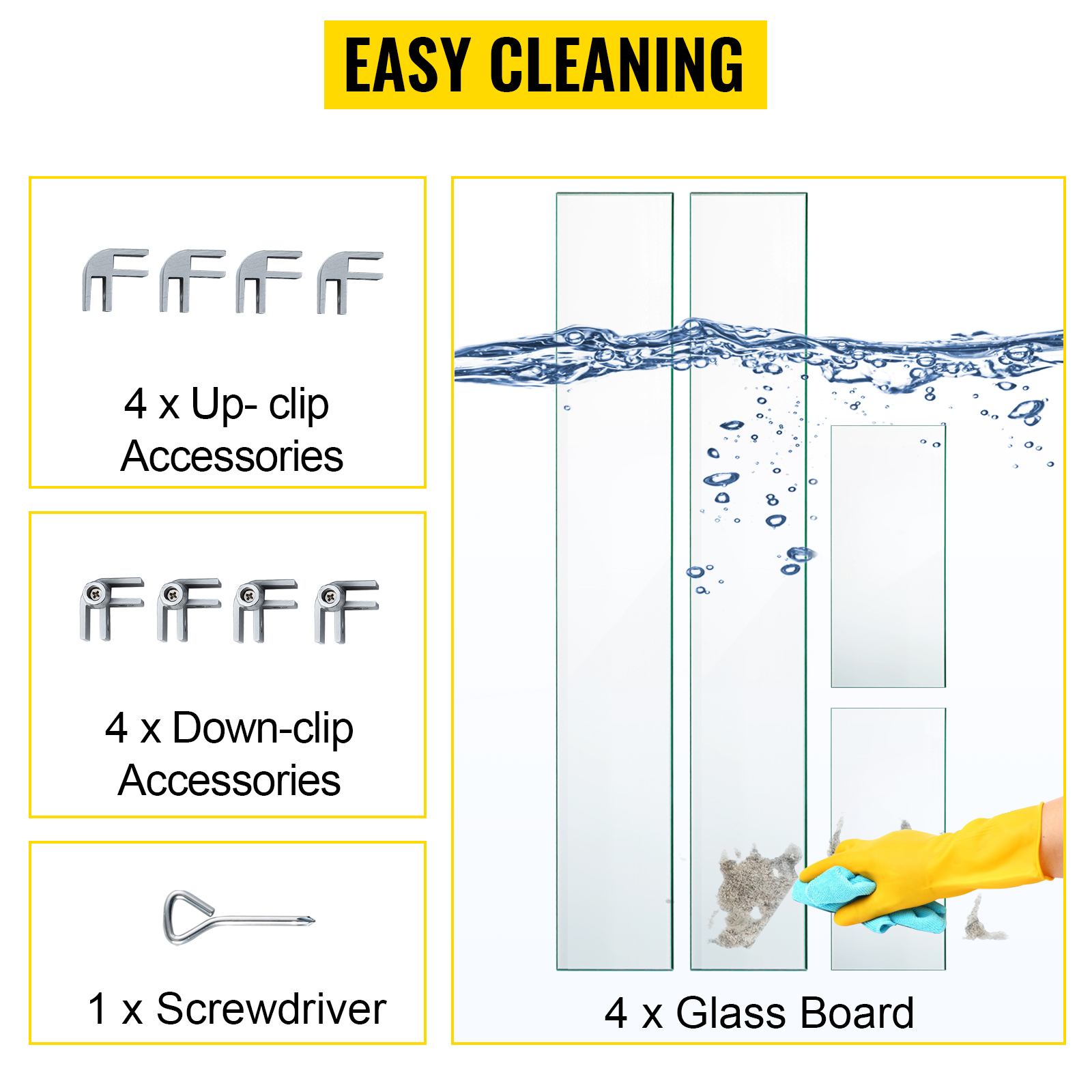 VEVOR fire pit wind guard cleaning process; includes clips, screwdriver, and glass boards.