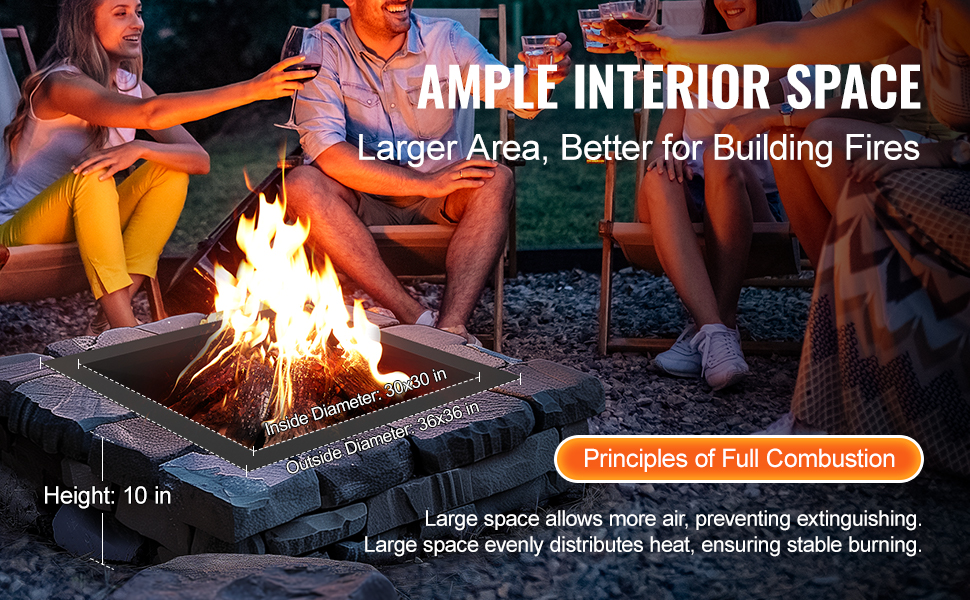 VEVOR fire pit ring with ample interior space for better fire building. ideal for social gatherings.