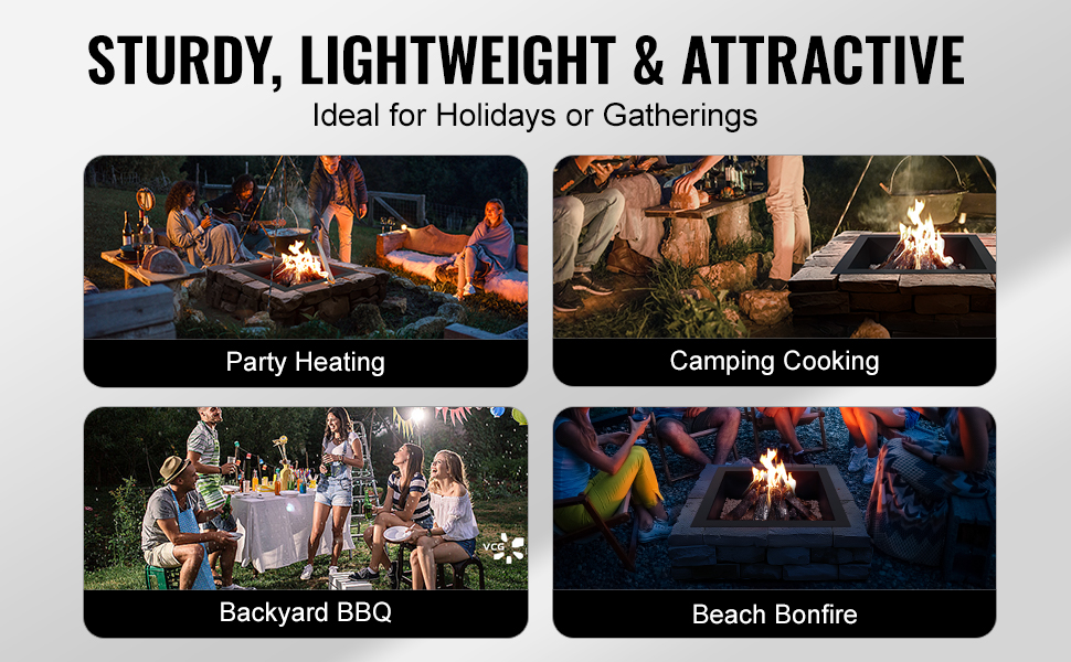 VEVOR fire pit ring for party heating, camping cooking, backyard bbq, and beach bonfire.
