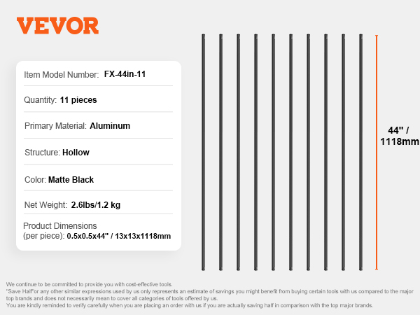 VEVOR staircase metal balusters, model fx-44in-11, 11 matte black aluminum pieces, 44 inches each.