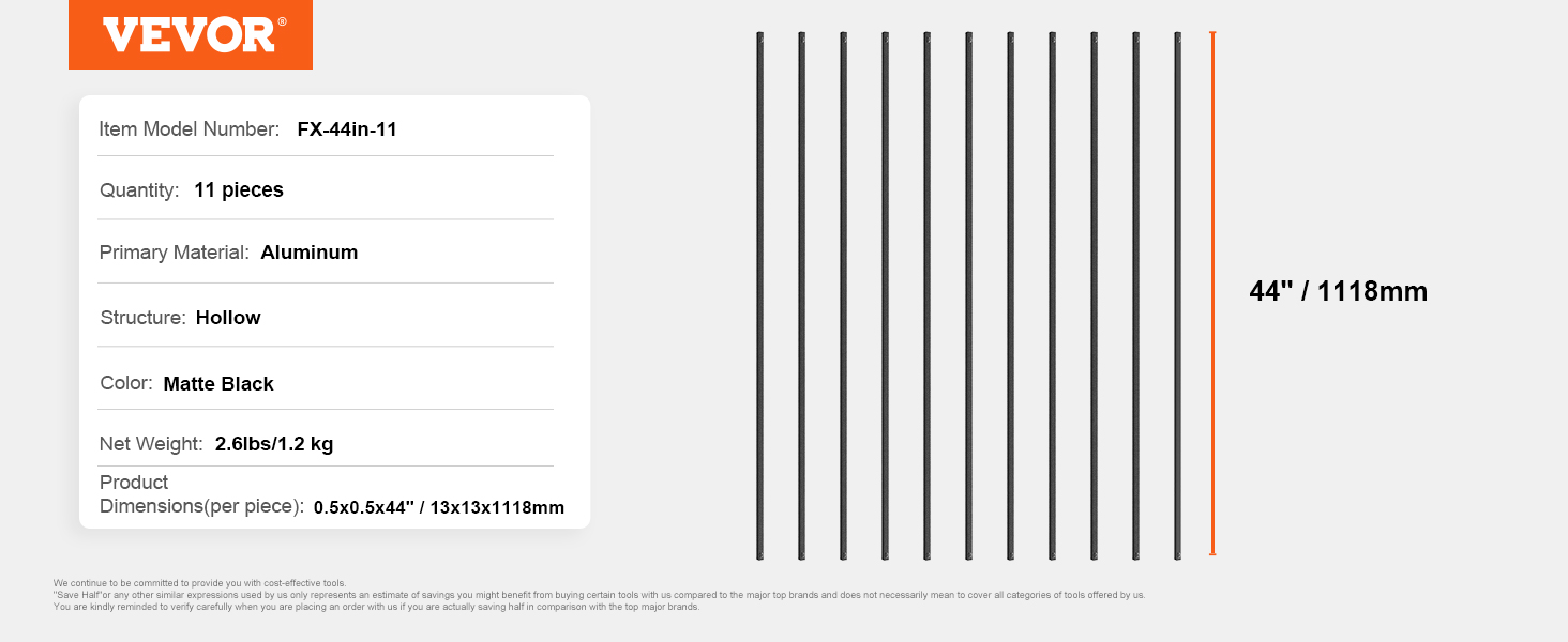 VEVOR staircase metal balusters, model fx-44in-11, 11 matte black aluminum pieces, 44 inches each.