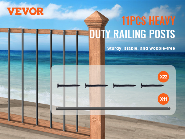 VEVOR staircase metal balusters, sturdy railing posts with ocean view background, stable and wobble-free.