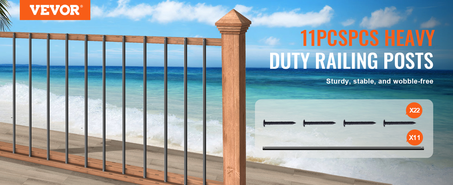 VEVOR staircase metal balusters, sturdy railing posts with ocean view background, stable and wobble-free.
