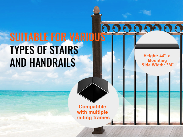 VEVOR staircase metal balusters with decorative design, height details, and compatibility for various stairs.