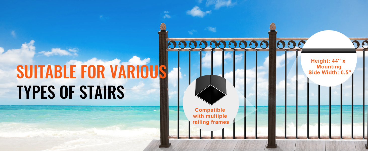 VEVOR staircase metal balusters with decorative design, height details, and compatibility for various stairs.