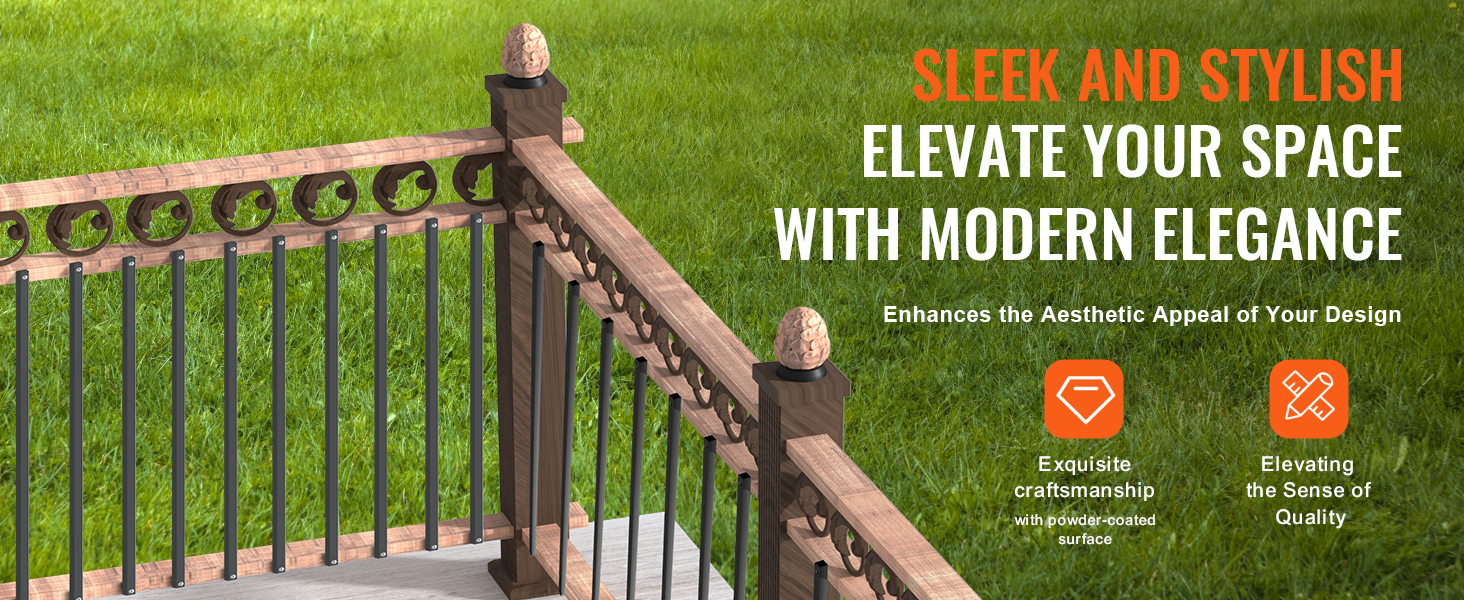 sleek VEVOR staircase metal balusters on a wooden railing, enhancing modern elegance and aesthetic appeal.