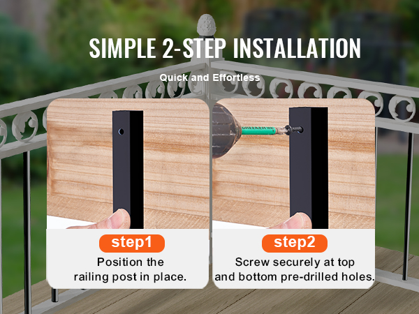 simple 2-step installation of VEVOR staircase metal balusters showing placement and securing with screws.