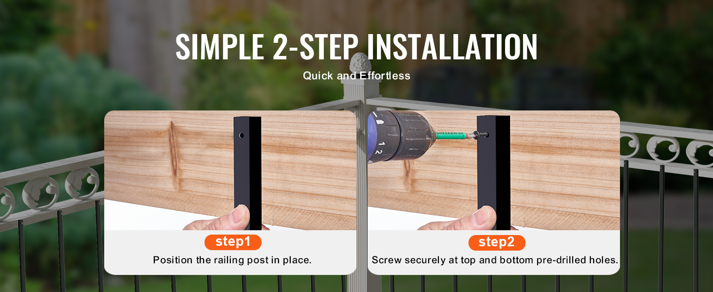 simple 2-step installation of VEVOR staircase metal balusters showing placement and securing with screws.