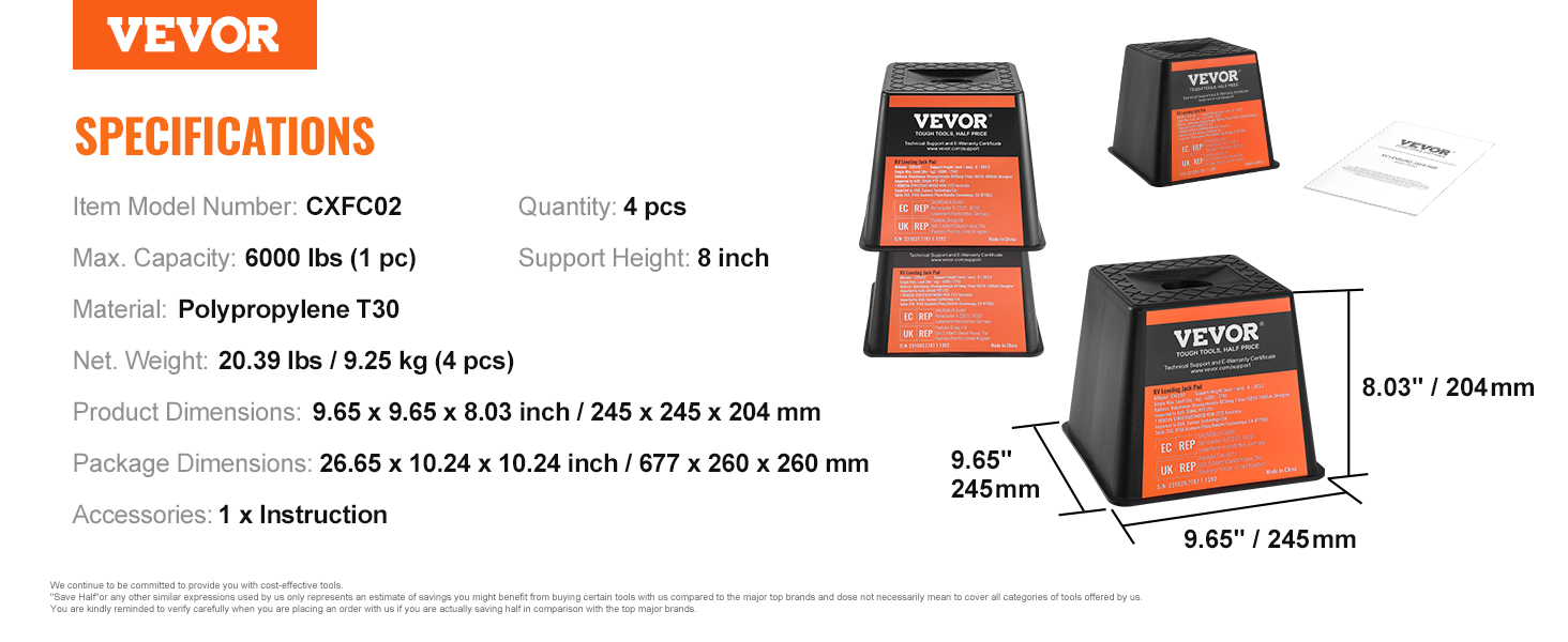 VEVOR trailer jack block specifications, 6000 lbs capacity, polypropylene material, 8 inch support height.