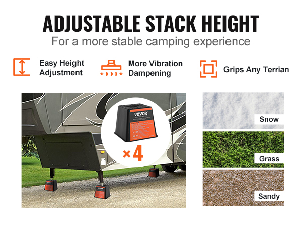 VEVOR trailer jack block set of four supports a camper on grass, sand, and snow for stable camping.