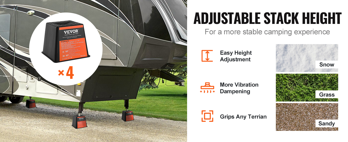 VEVOR trailer jack block set of four supports a camper on grass, sand, and snow for stable camping.