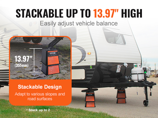 VEVOR trailer jack block, stackable up to 13.97 inches high, stabilizing a camper on diverse surfaces.